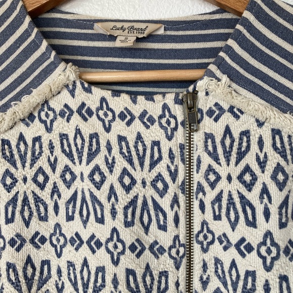 Lucky Brand Boho Cotton Jacket | Blue & Cream Print | Size Small | Zip Front - Picture 4 of 11